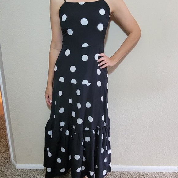 Maxi Dress Juniors Small Black White Polka Dot Long Spaghetti Strap Ruffle Women - Picture 5 of 5
